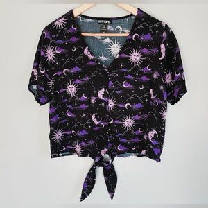 Hot Topic Black Moon Sun Gothic Celestial Crop Top Full Button Tie Front Medium
